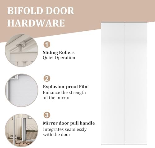 JUBEST Bi Fold Mirror Closet Door with White Steel Frame, Bifolding Mirrored Doors for 30in. x 81in. Door Opening, Hardwares Include, Easy to Install - Image 4