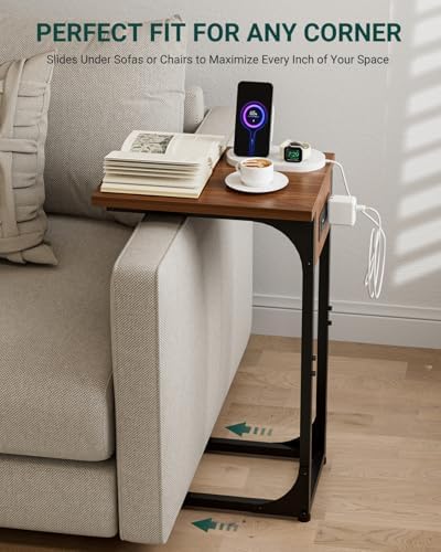 C-Shaped Side Table for Couch - Small Coffee Stand Sofa Tray Desk with Metal Frame Waterproof Scratch Resistant Wood Top and Built-in Charging Station, Rustic Walnut - Image 5