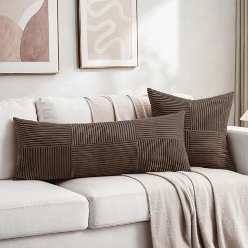 Fancy Homi 2 Packs Dark Brown Decorative Throw Pillow Covers 16x16 Inch for Living Room Couch Bed Sofa, Rustic Farmhouse Boho Home Decor, Soft Corss Patchwork Corduroy Textured Cushion Case 40x40 cm - Image 5