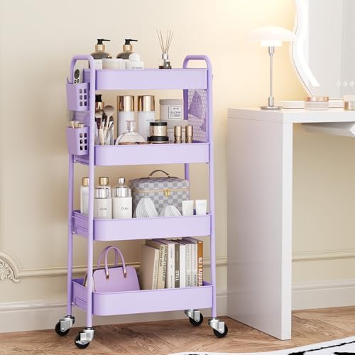 TOOLF 4 Tier Rolling Cart, Metal Utility Storage Cart with Pegboard, Purple | 2 Bins & 4 Hooks, Screwless Assembly, Lockable Wheels, Trolley Organizer for Bathroom, Kitchen, Office, Dorm, Craft Room - Image 3