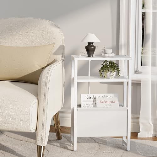 Narrow Side Table with Charging Station Slim End Table Sofa with Magazine Rack, Bedside Table for Small Spaces, 3 Tier Nightstand for Living Room Couch, Bedroom White LET503WE - Image 7