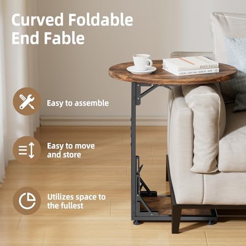 Elbourn Folding Side Table End Couch Tables,Metal Frame C-Shaped TV Stand for Sofa Living Bedroom Bedside Coffee Small Spaces(Vintage Wood Color) - Image 5
