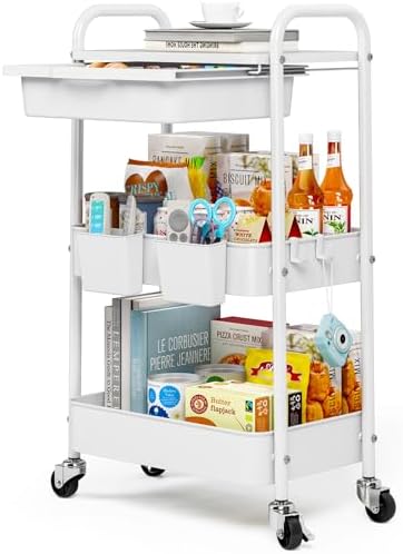 KINGRACK 3 Tier Metal Rolling Cart with Drawer, White Utility Storage Cart | 2 Cups & 4 Hooks, Lockable Wheels, Trolley Organizer for Bathroom, Kitchen, Office, Nursery, Dorm, Laundry, Craft Room by KINGRACK