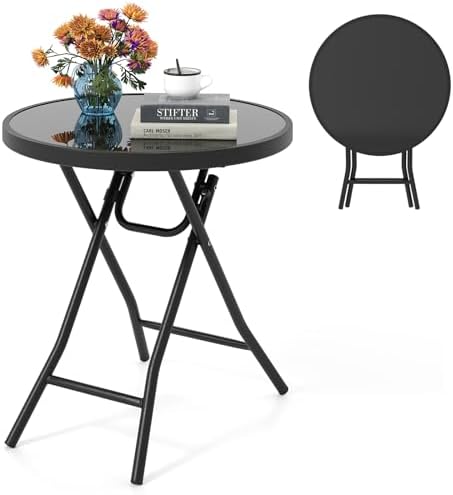 GIANTEX Folding Side Table w/Tempered Glass Tabletop & Metal Frame, Black by Giantex