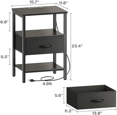SUPERJARE Nightstand with Charging Station, Bed Side Table with Adjustable Fabric Drawer, Night Stand for Bedroom, 3-Tier Storage End Table, for Living Room, Black - Image 3