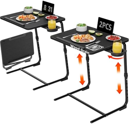 TV Trays Set of 2 - Folding TV Tray Adjustable Dinner Trays for Eating On Couch Wooden Tables Mate Stand Foldable Black Desk with Cup Holder Portable by NUTIKAS