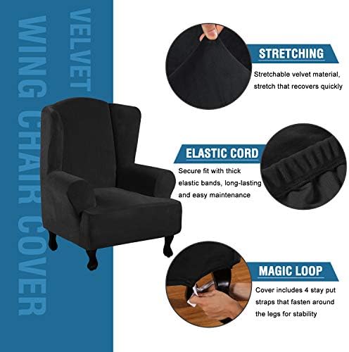 H.VERSAILTEX Wingback Chair Covers Velvet Plush Wing Chair Slipcover 1 Piece High Stretch Wing Back Chair Slipcovers Sofa Cover Furniture Cover with Elastic Bottom, Black - Image 2