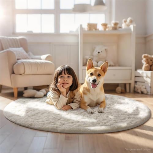 Ophanie Round Washable Rugs 5Ft Ivory Circle Area Rug,Baby Nursery Living Room Bedroom Decor Circular Carpet 5 Foot,Fluffy Fuzzy Shag Plush Cream for Kids Boys Girls Teen with Over 99 pcs Pile fibers - Image 5