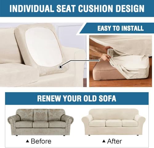 H.VERSAILTEX Modern Velvet Plush 4 Piece High Stretch Sofa Slipcover Sofa Cover Furniture Protector Form Fit Thick Velvet Sofa Cover for 3 Cushion Couch Width Up to 90 Inch (Sofa, Cream) - Image 6