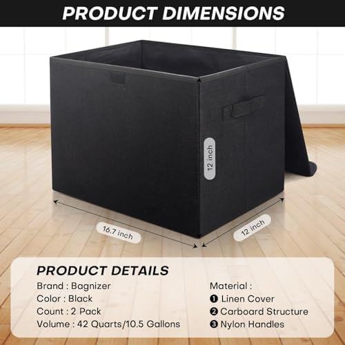 Bagnizer Large 42 Quarts Fabric Storage Bins with Lids [2-Pack] Linen Collapsible Foldable Storage Cubes, Closet Organizer Containers boxes with Handles for Home Office (16.7 x 12 x 12, Black) - Image 2