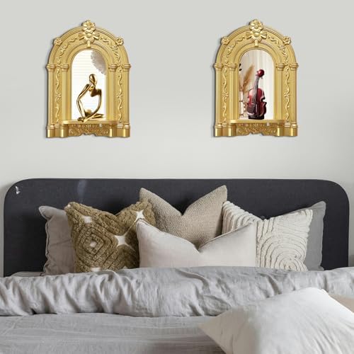2 Set Vintage Candle Wall Sconce for Home Decor Living Room Bedroom Office Wood Antique Mirrored Victorian Mounted Candlestick Wall Holder Relief Hanging Decor -Gold 11.8in - Image 4