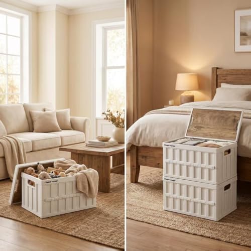 2 Pack White 50L Collapsible Storage Crate Wooden Lid Stackable Bin for Garage RV Car - Image 3