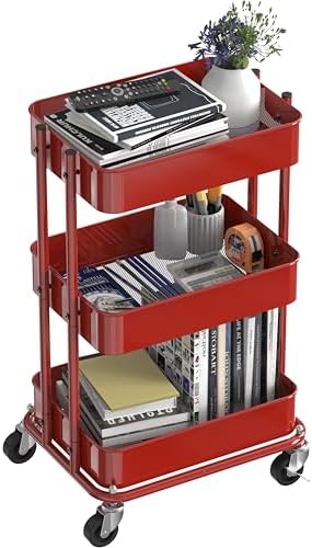Simple Houseware 3-Tier Utility Cart, Low 24" Height Fits Under Desk, Red - Image 4