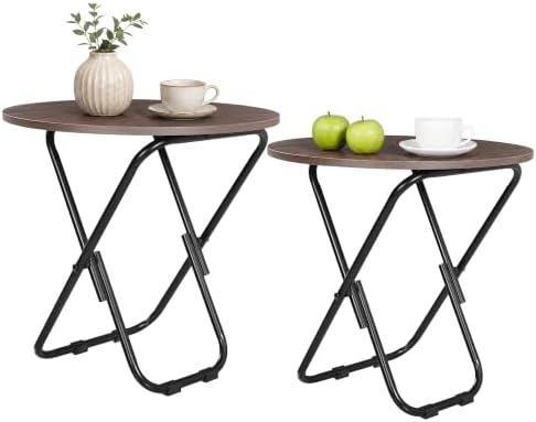 VECELO Patio Outdoor Side Table Set of 2,17.7 inch Small Folding Table Round Waterproof Wood Table,Foldable Anti-Rust Metal Legs Snack Desk for Garden Balcony,Yard,Living Room by VECELO