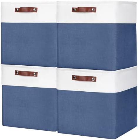 Bagnizer 13x13 Cube Storage Bins, Collapsible Fabric Storage Box, 4 Pack Closet Baskets with Handles for Organizing, Shelf, Toys, Clothes, Home, Office, Nursery (NavyBlue&White) by Bagnizer