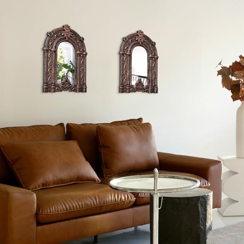 2 Set Wood Carved Window Mirrors 3D Relief Arched Wall Decor Roman Column Antique Home Accent Small Decorative Mirrors for Living Room, Bathroom, Entryway - Image 5