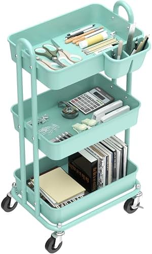 Simple Houseware 3-Tier Rolling Utility Cart with Hanging Bucket, Turquoise - Image 2