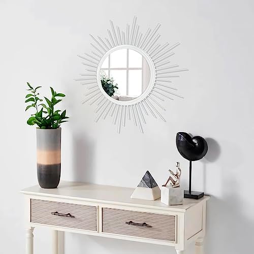 Sunburst Wall Mirror Spoked Home Circle Wall Art Mirror Classic Metal Modern Hanging Mirror, Decor Living Room Bathroom Bedroom Entryway Vanity Office Hallway Housewarming Large 16" White - Image 5