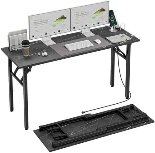 TEMI Small Computer Desk Folding Table - No Assembly, Compact 55.1" Foldable Desk with Power Outlets & USB Charging Port, Portable Small Office Desk, Ideal Mini Study Table, Marble Greige by TEMI