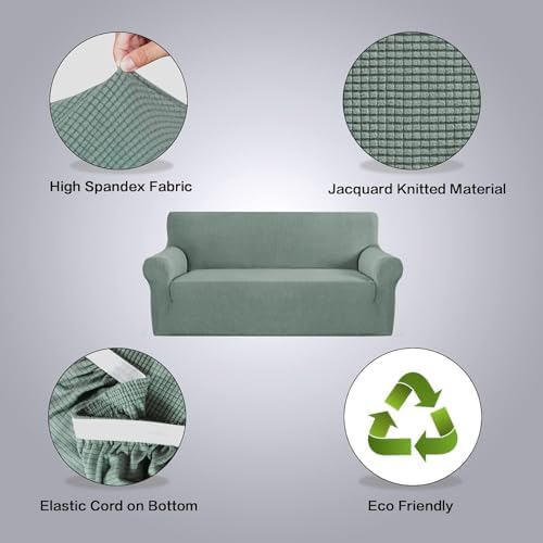 H.VERSAILTEX Stretch Couch Covers for Sofa 1 Piece Slipcovers for Couches and Sofas 3 Seater Couch Cover Feature Thick Checked Jacquard Fabric with Elastic Bottom(Large Sofa 90"-100" Wide, Sage) - Image 4