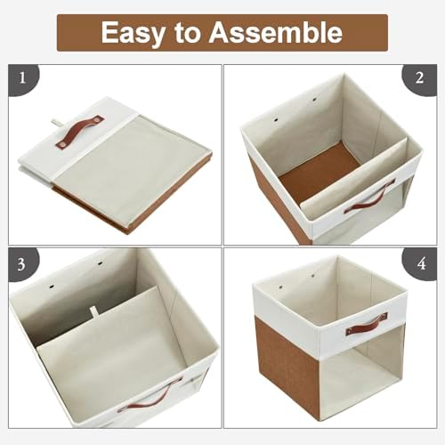 Bagnizer Storage Cubes, 4 Pack Linen Foldable Storage Bins (13 x 13 inch) with Clear Window and Handles, Fabric Organizer for Shelf Closet, Clothes, Books - (Brown and White) - Image 3