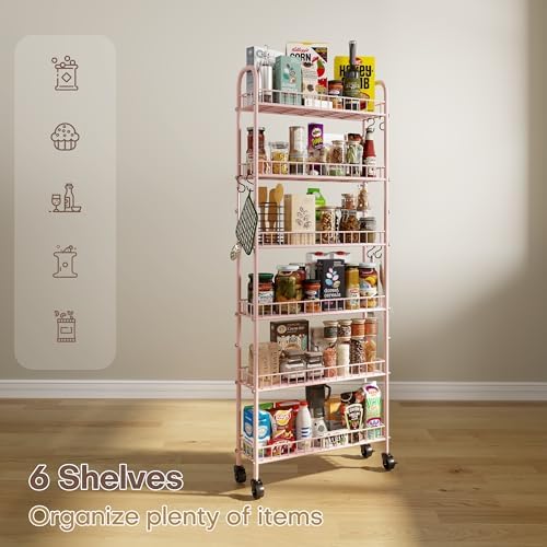 6 Tier Slim Rolling Storage Cart with Wheels, Metal Mobile Shelving Unit Organizer Utility Cart for Office Bathroom Kitchen Laundry Room Narrow Places (Pink 6 Inches) - Image 6