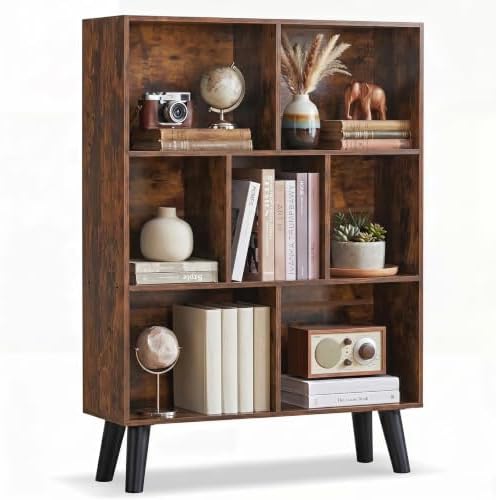YAHARBO Brown Bookshelf,3 Tier Book Shelf with Legs, 7 Cube Minimalist Bookcase,Storage Organizer Shelves Display Bookcases for Bedroom,Living Room by YAHARBO