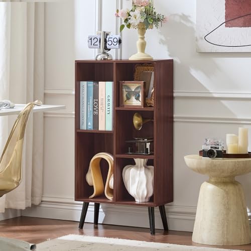 LEYAOYAO 5 Cube Bookshelf, Mid-Century Modern Book Shelf with Legs, Walnut - Image 3