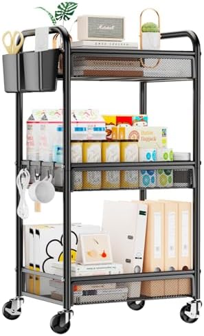 YASONIC 3 Tier Metal Rolling Cart, Black Utility Storage Cart with Wheels by YASONIC