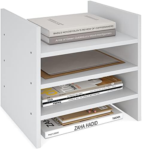 Ballucci 4-Tier Paper Sorter and File Organizer for Desk, Wood Mail Sorter, Fits into IKEA Kallax and ClosetMaid Cube Storage Shelves, Paper Tray, Mail Holder Stand for Classroom, Office, White by Ballucci
