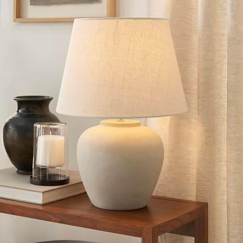 Nourison Home 20" Sand (Light Beige) Neutral Ceramic Table Lamp with Fabric Shade, Bedside Nightstand Lamp for Bedroom, Living Room, Entryway - Image 3