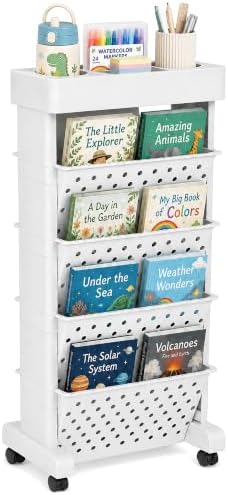 5-Tier Rolling Bookshelf Cart with Wheels, White by yeavs