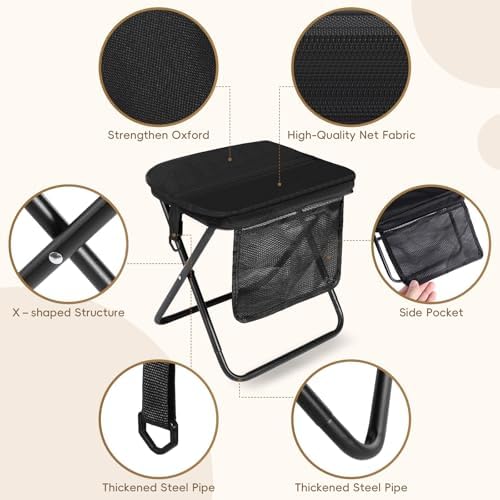 Foldable Backpack Stool, Portable Collapsible Stool for Adults Supports 265lbs, 11.8" Camping Stool, Ultralight Folding Chair for Outdoor, Hiking, Fishing, Camping, Festivals (Black) - Image 7