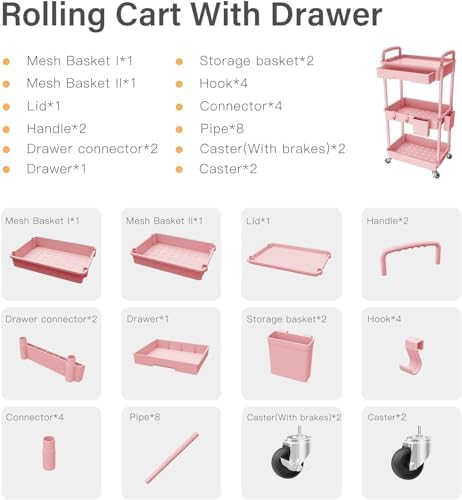 Sorgion 3 Tier Rolling Cart Organizer,Laundry Room Bathroom Organizers and Storage Office Shelves Mobile Shelving Unit Kitchen Trolley Cart with Wheels for Art,Craft,Diaper,Bedside,Snack(Pink) - Image 7