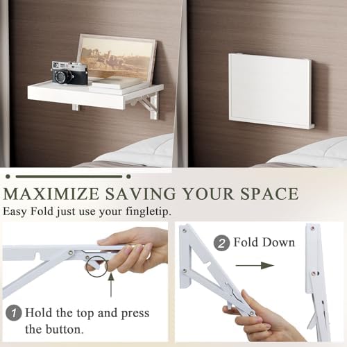 TEAMIX Wall Mounted Folding Bedside Shelf, White Wood Floating Nightstand Table with Heavy-Duty Brackets, 16.5''x12'' Space Saving Bed Side Tray Storage for Bedroom, Living Room, Dorm (White, Basic) - Image 5