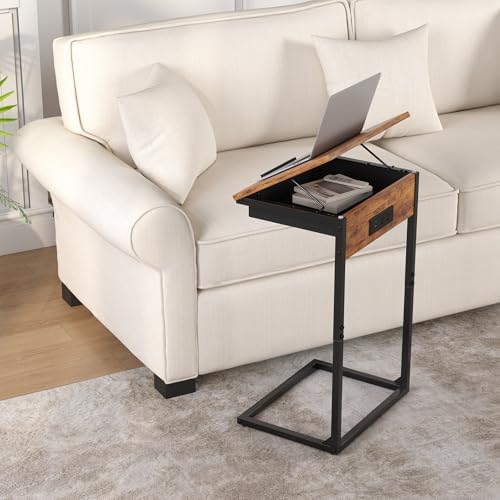 sthmec C Shaped End Table with Charging Station, 45° Tiltable Adjustable Flip Top Table with Storage,Small C Table for Small Spaces,Slide Under Couch Sofa Bedside Table for Living Room,Rustic Brown - Image 2