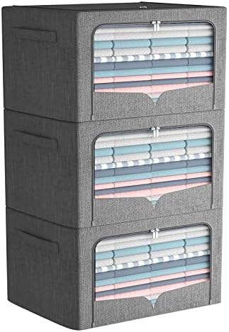 FHSQX 3 Pack Clothes Storage Bins Foldable Metal Frame Storage Box Stackable Linen Fabric Organizer Set with Carrying Handles and Clear Window (Dark Gray, 15.7x11.8x7.8inch(22L)) by FHSQX