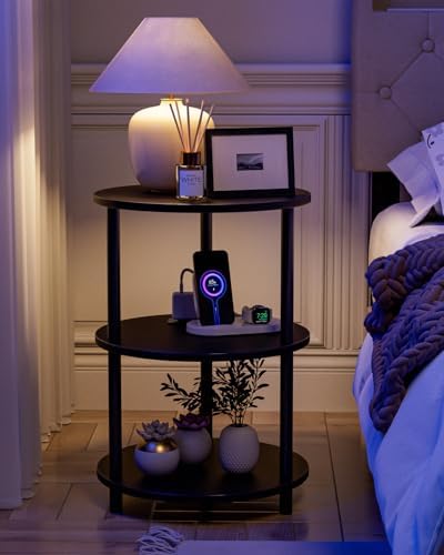 XBurmo Small Round End Table - 3 Tier Design Accent Table, Narrow Side or Bedside Stand, Industrial Vintage Table for Small Spaces, Built-in USB Ports and Power Outlet, Charcoal Wenge - Image 5