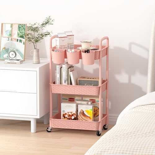 MOYIPIN 3-Tier Plastic Rolling Utility Cart with Handle,Pink - Image 7