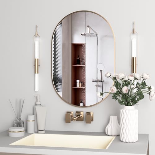 Oval Bathroom Mirror Capsule Wall Vanity Mirror, 24"x36" Pill Mirrors Wall Mounted Mirror, Large Modern Mirror with Gold Metal Frame, Decor for Entryway, Bedroom by NEUWEABY