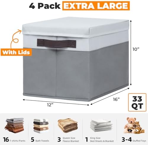 Extra Large Storage Baskets with Lids 4 Pack, 33 QT Throw Blanket Basket for Living Room - Stackable Decorative Closet Shelf Organizers and Storage Box for Organizing Clothes Towels Book - 16x12 in - Image 2