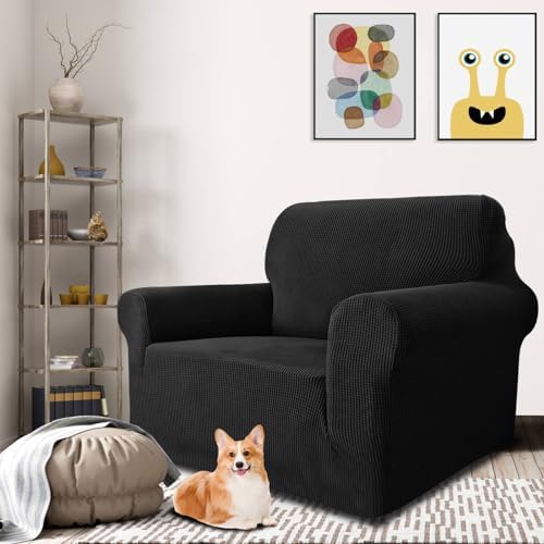 MAXIJIN Stretch Chair Cover Chair Slipcovers with Arms, 1-Piece Couch Sofa Chair Covers for Living Room, Non Slip Armchair Cover (31"-46") Furniture Protector Dogs Pet Friendly (Chair, Black) - Image 2