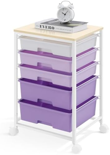 SYKIARIOL Utility Cart with 5 Drawers with Wooden Top,Purple by SYKIARIOL