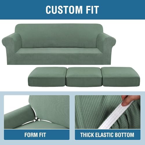 H.VERSAILTEX 4 Piece Stretch Sofa Covers for 3 Cushion Couch Covers for Living Room Furniture Slipcovers (Base Cover Plus 3 Seat Cushion Covers) Thicker Jacquard Fabric (Large Sofa, Loden Frost) - Image 4