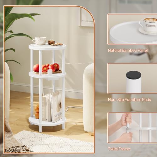 HOOBRO Small Round Side Table with Charging Station, 3-Tier Round Bamboo End Table, Compact Sofa Bedside Table for Small Space, Easy Assembly, for Living Room, Bedroom, Apartment, White WT152UBZ01 - Image 4