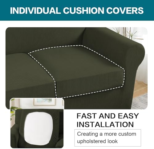 Turquoize 3 Piece Sofa Covers for 2 Cushion Couch Sofa Slipcover Soft Couch Cover for Dogs-Washable Sofa Furniture Cover with 2 Individual Cushion Covers, Feature Fabric (2 Cushion Sofa, Olive) - Image 5