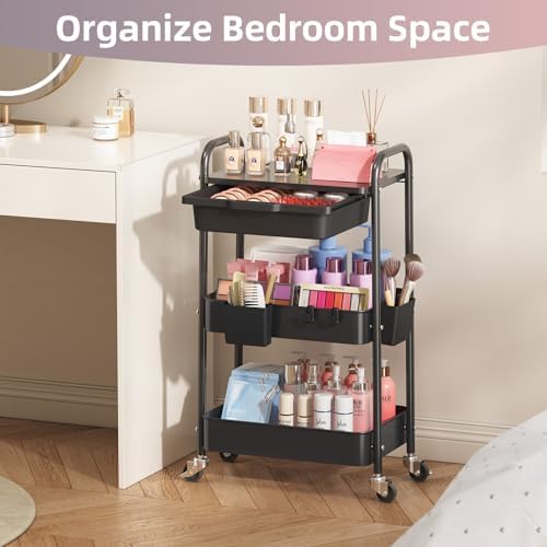 KINGRACK 3 Tier Metal Rolling Cart with Drawer, Black Utility Storage Cart | 2 Cups & 4 Hooks, Lockable Wheels, Trolley Organizer for Bathroom, Kitchen, Office, Nursery, Dorm, Laundry, Craft Room - Image 6
