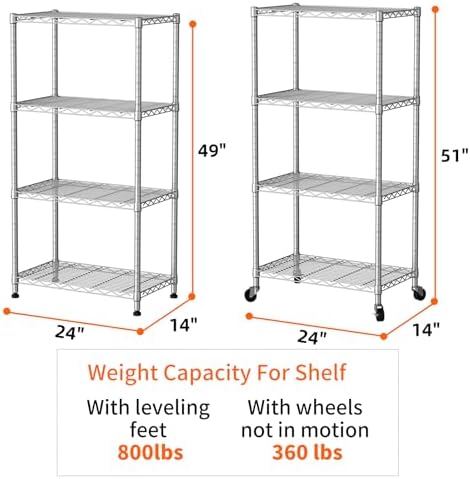 SINGAYE 4 Shelves Storage Wire Shelf Closet Metal Shelving Pantry Wheels - Image 2