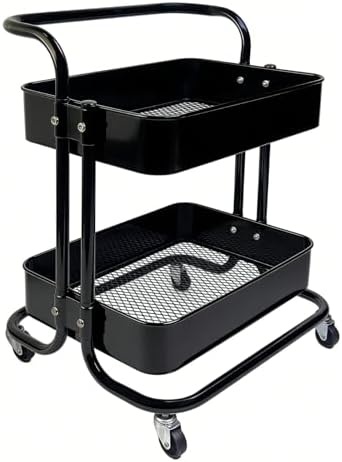2 Tier Rolling Utility Cart with Wheels All-Metal Short Pantry Cart Under Desk Storage Trolley with Handle, Small Rolling Storage Shelf for Small Space Kitchen Laundry Room Bathroom, Black by Ufriandz