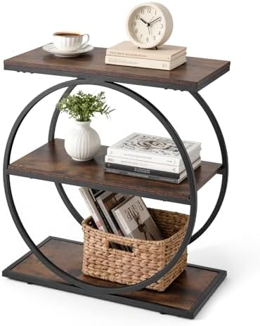 VEVOR End Table, 3-Tier Narrow Side Table with Open Storage Shelves, Modern Nightstand Bedside Desk with Round Metal Frame, Wood Sofa Coffee Desk for Living Room, Bedroom, Office, Rustic Brown by VEVOR